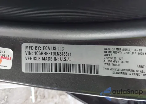 2020 Ram 1500 Big Horn 4X2 5'7 Box from USA, damaged, VIN 1C6RREFT0LN346611